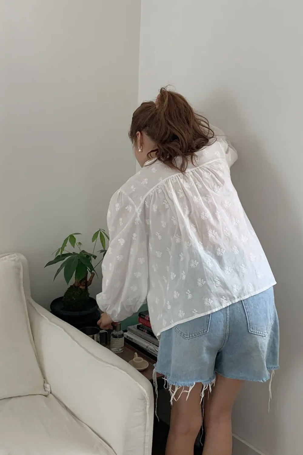 Long Sleeve Flower Pattern Chiffon Transparent Shirt