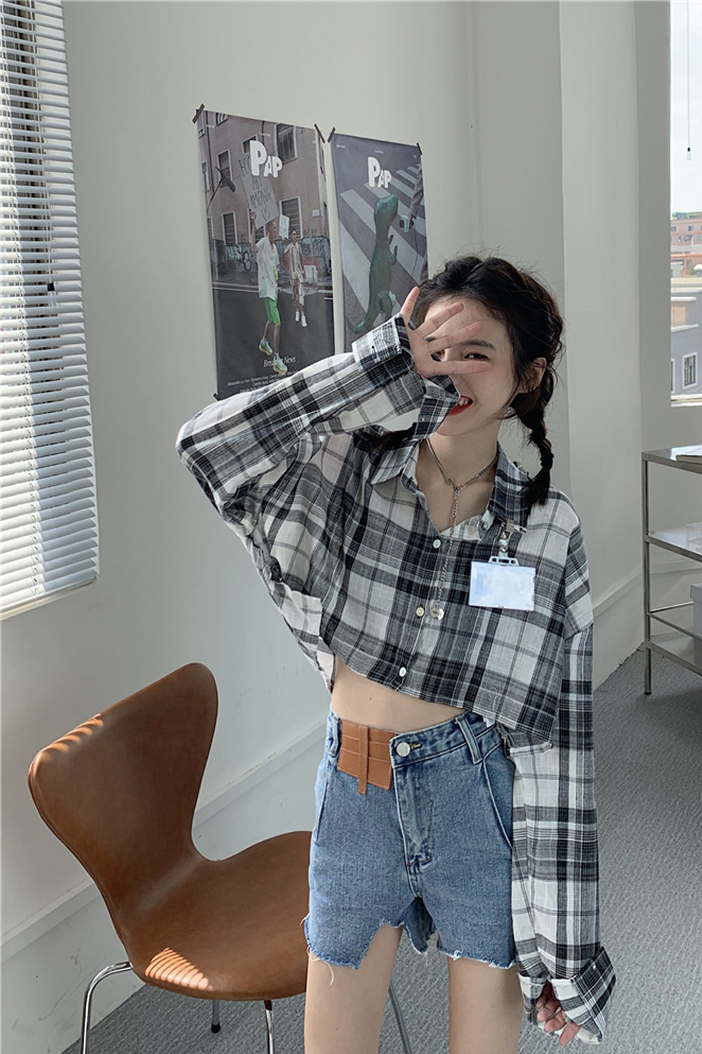 Sexy Plaid Long Sleeve Cropped Shirt
