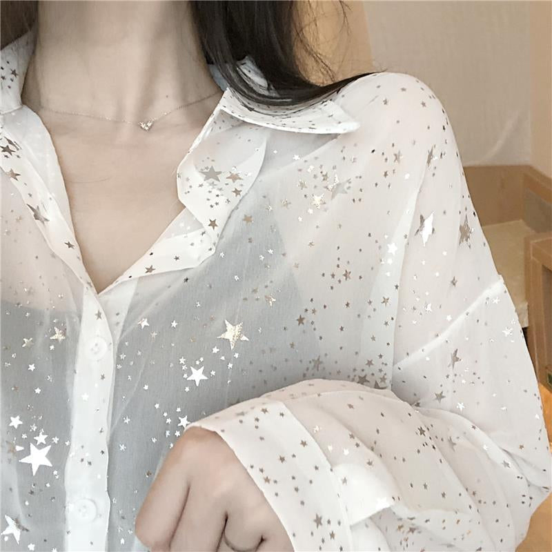 Long Sleeve Stars Sequins Chiffon Blouse Shirt