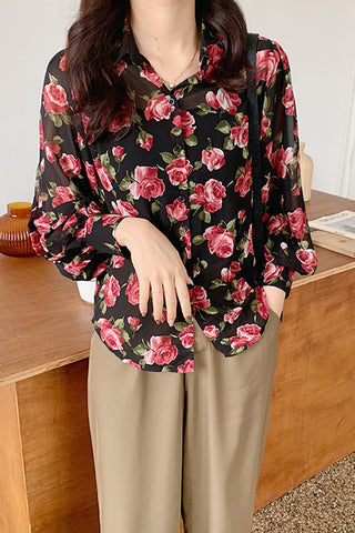 Flower Pattern Chiffon Blouse Shirt