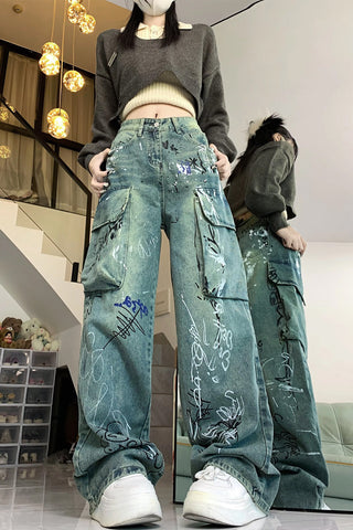 Loose Graffiti Pattern Cargo Pockets Jeans Pants