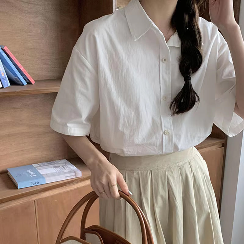 Short Sleeve Basic Button Blouse Shirts