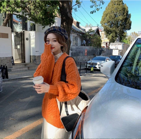 Long Sleeve V-Neck Knitted Warm Sweater