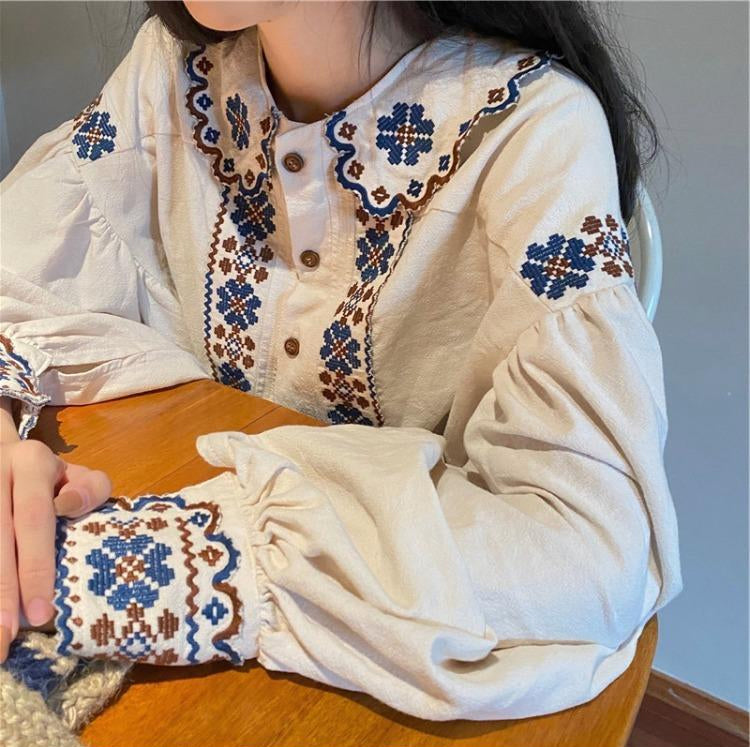 Langärmliges Retro-Bluse-Shirt mit Stickerei 