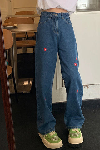 High Waist Red Daisy Embroidered Long Jeans Pants