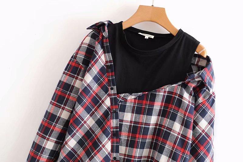 Vintage Women Plaid Irregular Loose Shirt