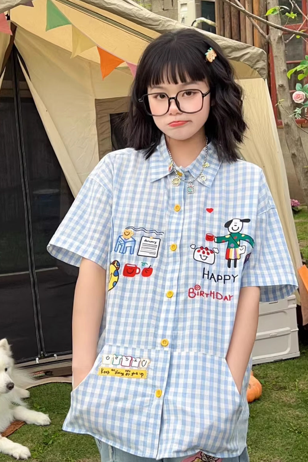 Short Sleeve Cute Pattern Plaid Blouse Shirt