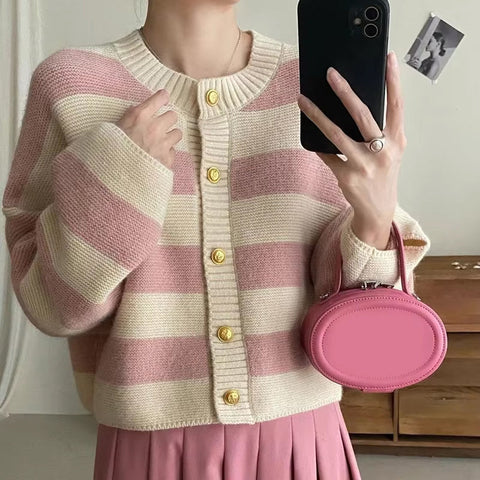 Loose Striped Knitted Cropped Cardigan Swater