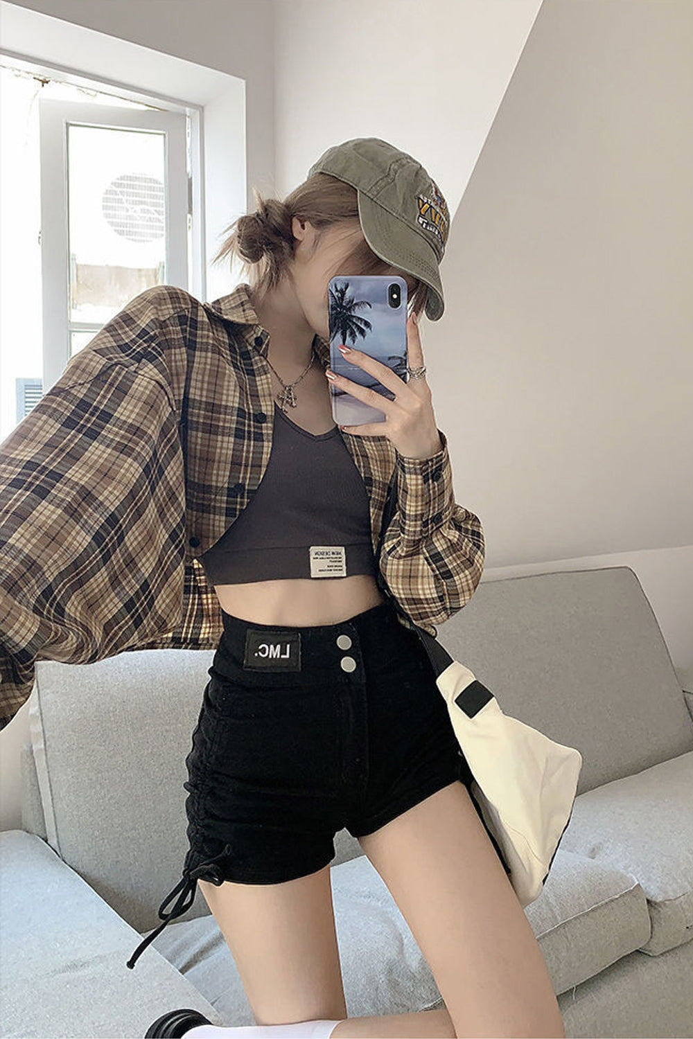 Retro Fledermausärmel kurze karierte Hemden 