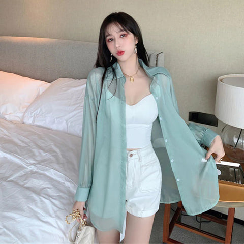 Camisa blusa transparente con lazo en la espalda suelta 