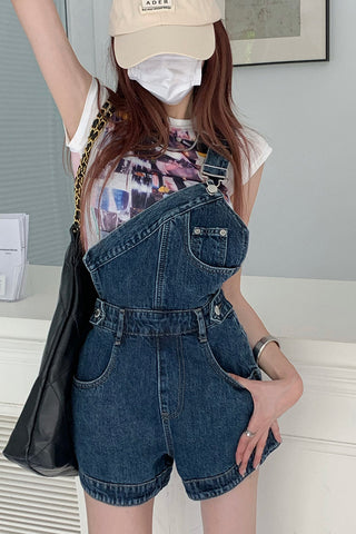 One Shoulder Asymmetrical Mini Denim Jumpsuit