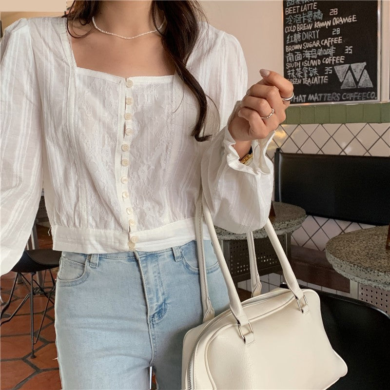 Long Sleeve Square Collar Lace Cropped Blouse