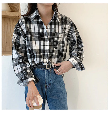 Vintage Classic Plaid Style Turn Down Collar Shirt