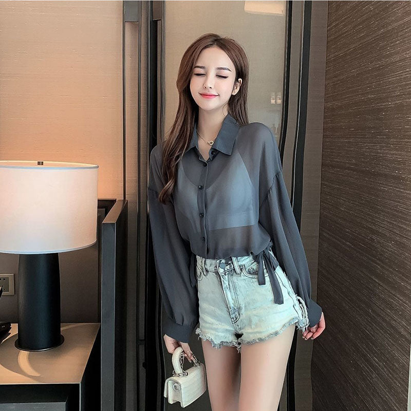 Rope Strap Sun Screen Thin Transparent Shirt
