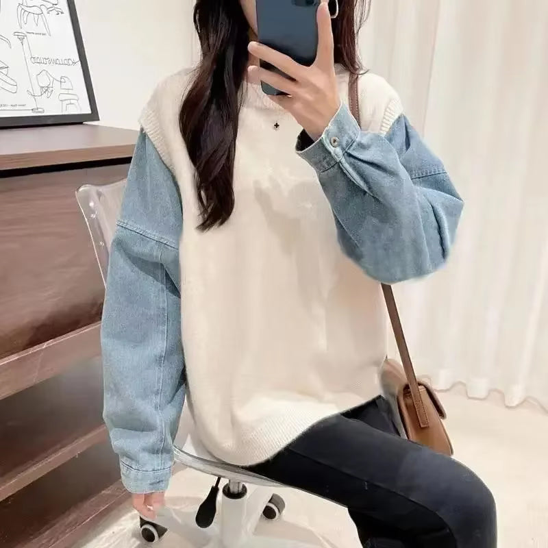 Long Sleeved Denim Casual Sweatshirt