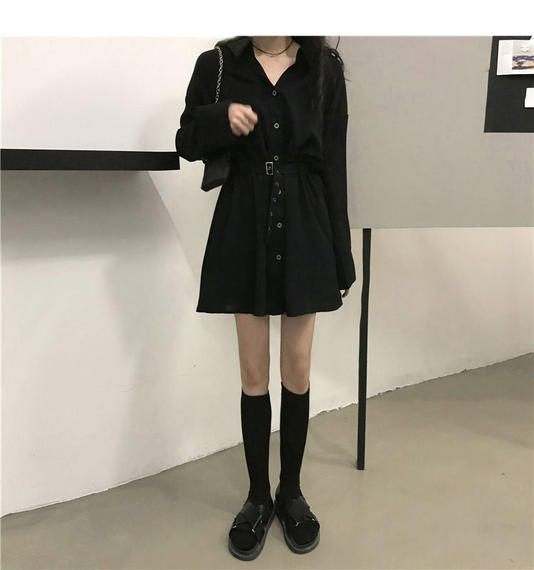 Long Sleeve Turn Down Collar Button Dress