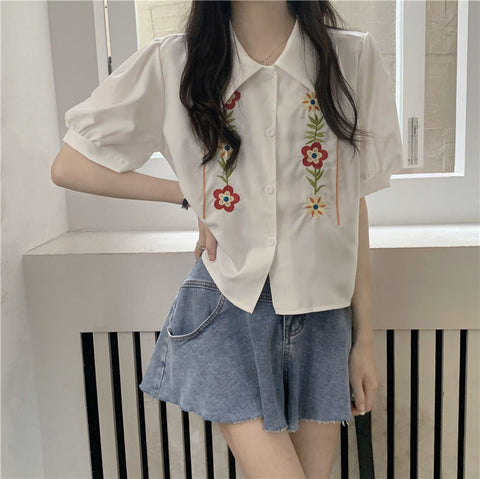 Short Sleeve Flower Embroidered Blouse Shirt