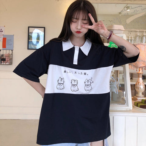Loose Cat Japanese Printed Collar Shirt