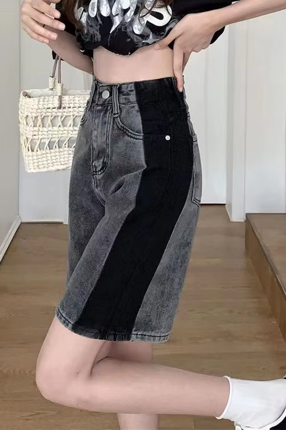 High Waist Black Side Grey Denim Shorts
