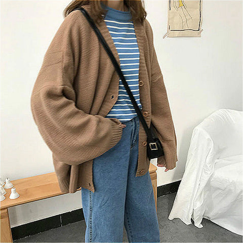 Long Sleeve V-Neck Solid Knitting Cardigan Sweater