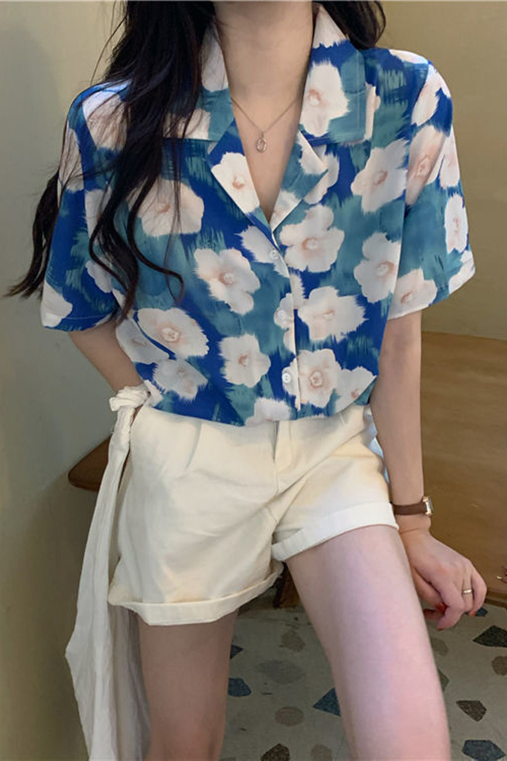 Short Sleeve Floral Painting Blouse Shirt