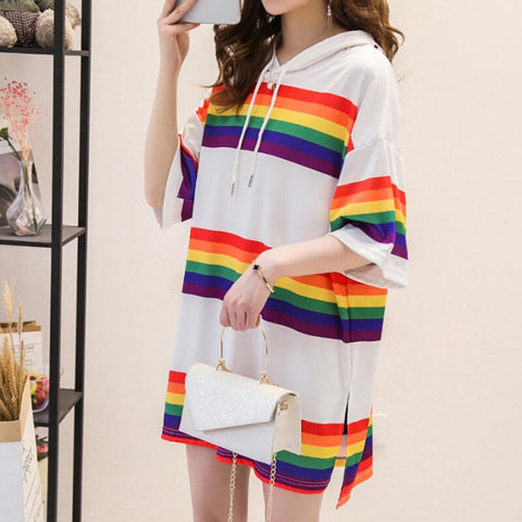 Block Rainbow Hooded Loose Shirt