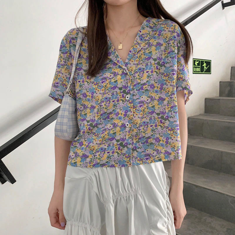 Notched Collar Floral Pattern Blouse Shirt