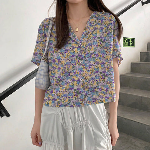 Notched Collar Floral Pattern Blouse Shirt