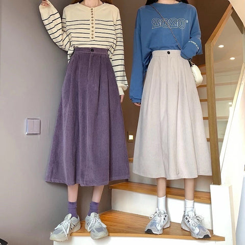 High Waist Solid Corduroy A-Line Long Skirts