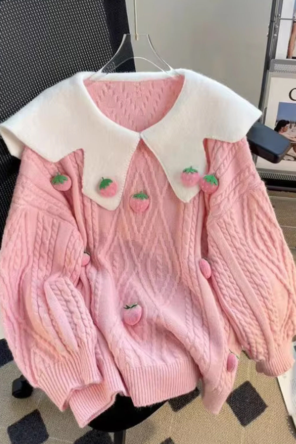 Loose Strawberry Pattern Peter Pan Collar Sweater