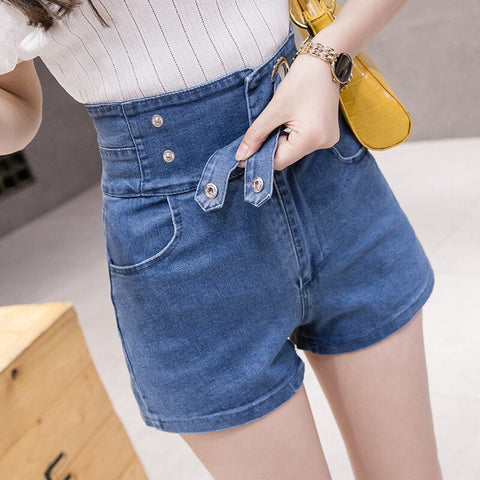 High Waist Sashes Crimping Denim Shorts Jeans