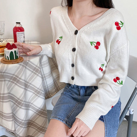 V-Neck Cherry Pattern Cardigan Knitted Sweater