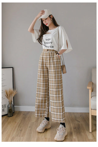 High Waist Wide Leg Vintage Plaid Long Pants