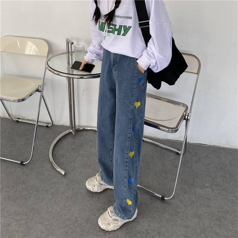 Color Heart Side Pattern Embroidery Jeans