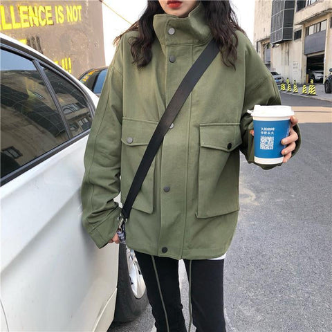 Loose Stand Collar Cargo Windbreaker Jacket