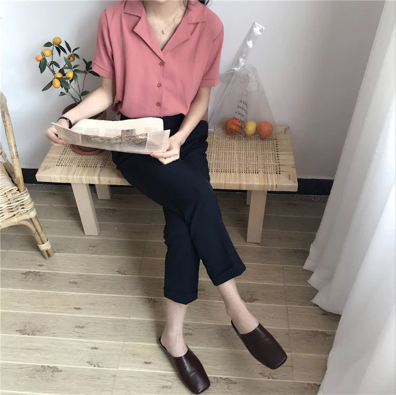 Notched Short Sleeve Blouse Shirt
