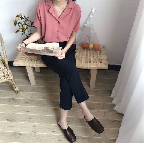 Notched Short Sleeve Blouse Shirt