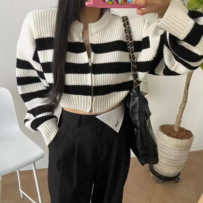 Long Sleeve Casual Zipper Striped Cropped Sweater