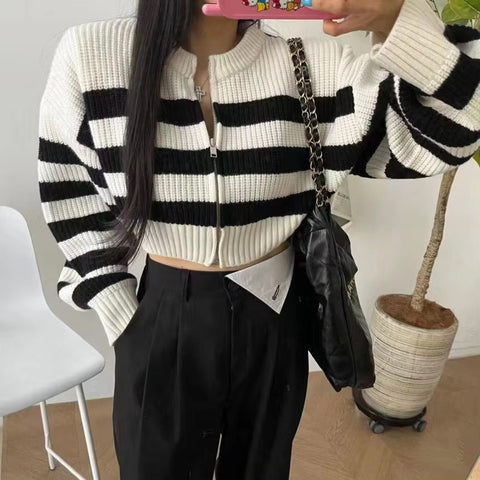 Long Sleeve Casual Zipper Striped Cropped Sweater