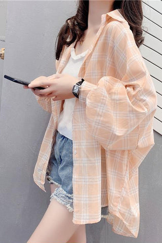 Loose Light Plaid Colors Casual Blouse Shirt