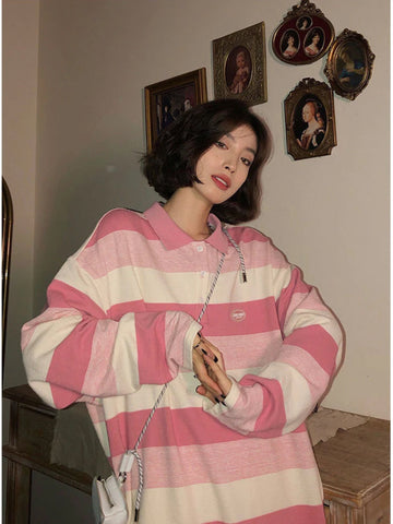 Long Sleeve Pink Striped Polo Collar Shirt