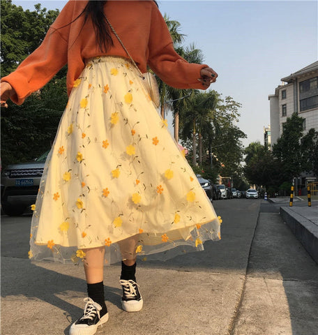 3D Flower Mesh Tulle Long Skirt