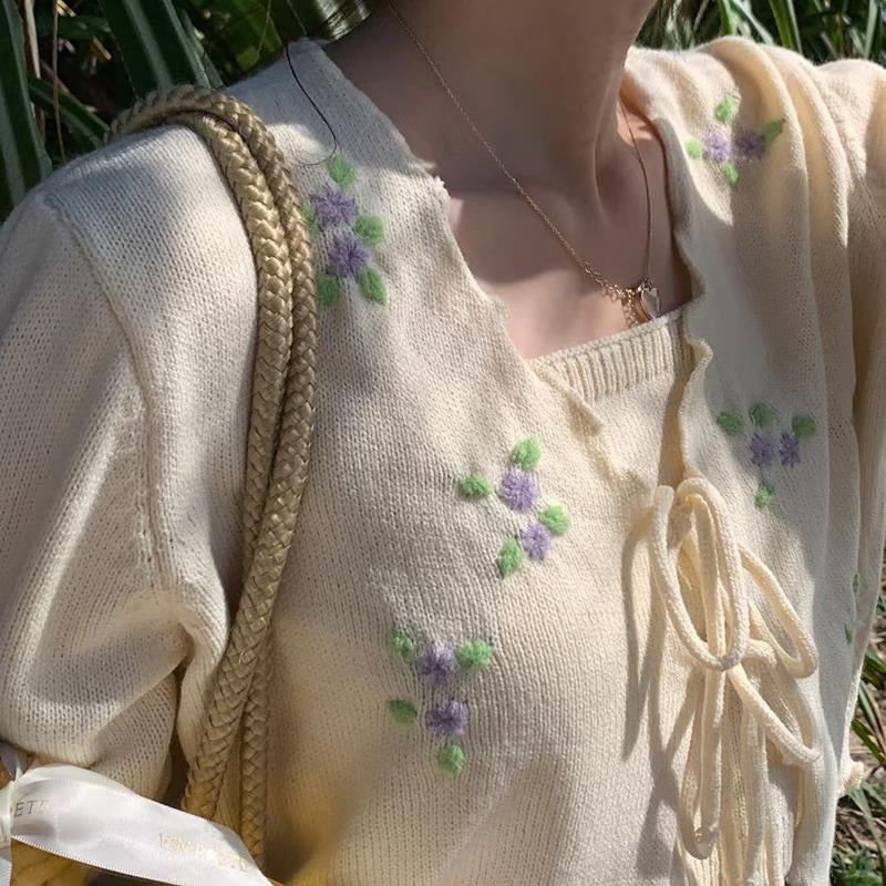 Vintage Flower Embroidered Front Tie Elegant Sweater