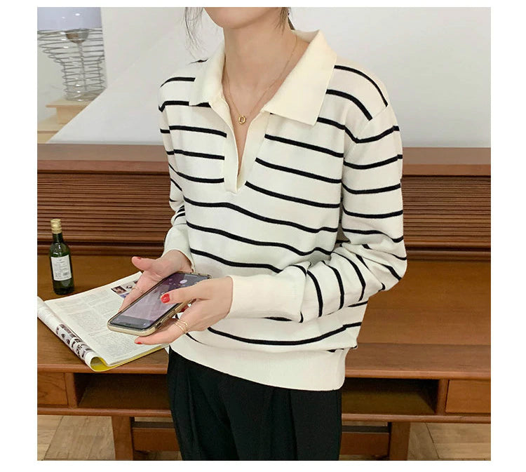 Warm Striped Turn Down Collar Long Sleeve Knitted Sweater