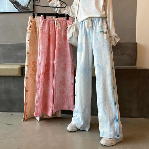 High Waist Loose Side Button Tie Dye Long Pants