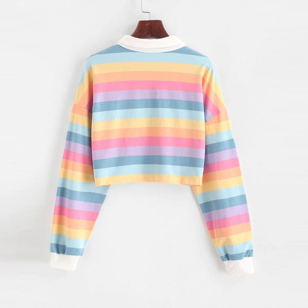 Rainbow Striped Long Sleeve Collar Cropped Shirt