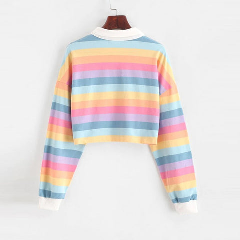 Rainbow Striped Long Sleeve Collar Cropped Shirt
