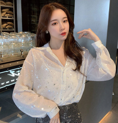 Langärmliges Chiffon-Bluse-Shirt mit Sternenmuster 