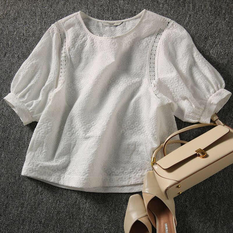 Lace Embroidery Lantern Sleeve Loose Shirt