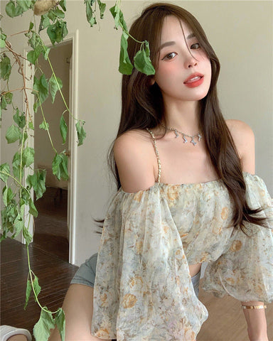 Sexy Bluse mit Blumenmuster und Puffärmeln 